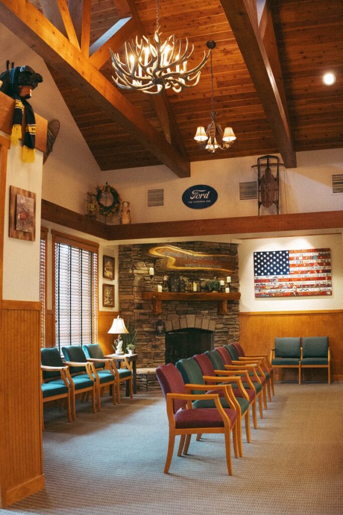 Waiting room with vaulted wood ceiling at Parkside Dental Team