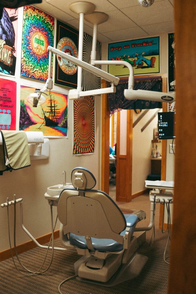Treatment room with colorful wall art at Parkside Dental Team