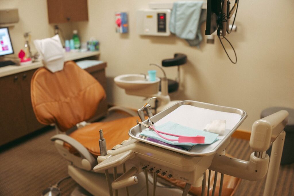 Dental chair and instrument tray at Parkside Dental Team
